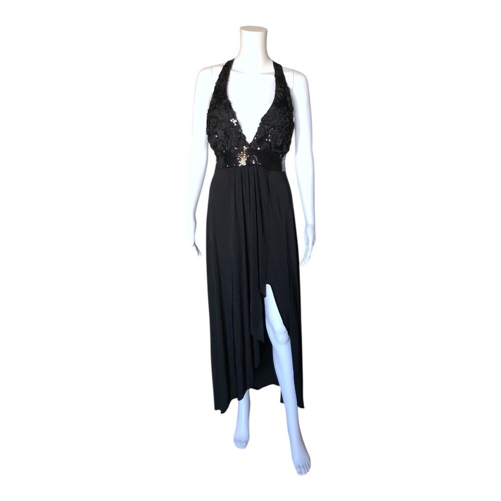 Carolina USA Black Sequin Halter Gown Large Plunge V Neck Asymmetric Hem Dress